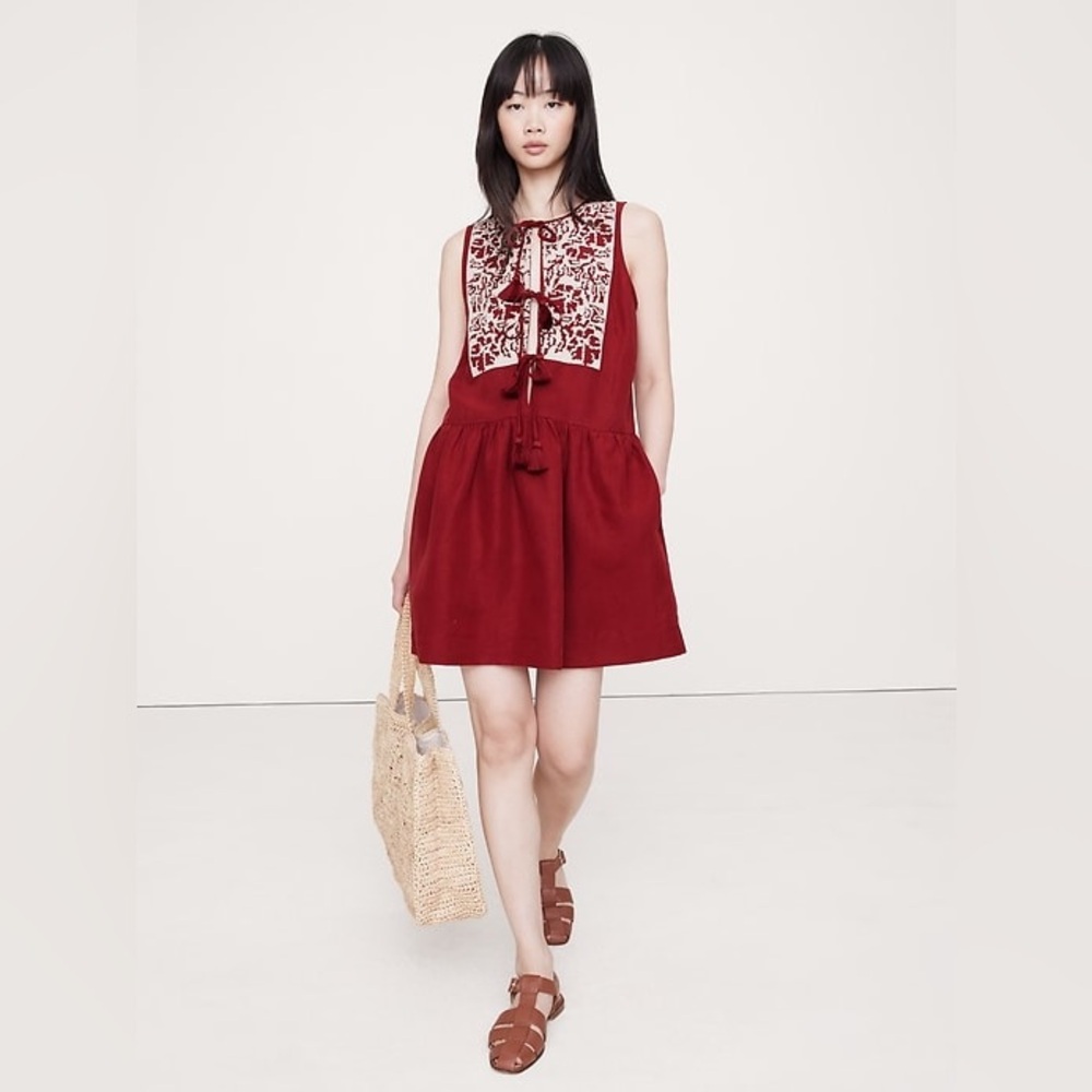 Banana Republic EMBROIDERED TENCEL™-LINEN MINI DRESS in red